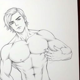 a realistic drawing of a muscular, attractive man with shoulder-length hair, shirtless, and another man with his hand on the first man's stomach