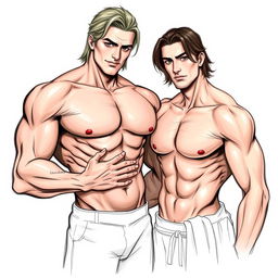 a realistic drawing of a muscular, attractive man with shoulder-length hair, shirtless, and another man with his hand on the first man's stomach