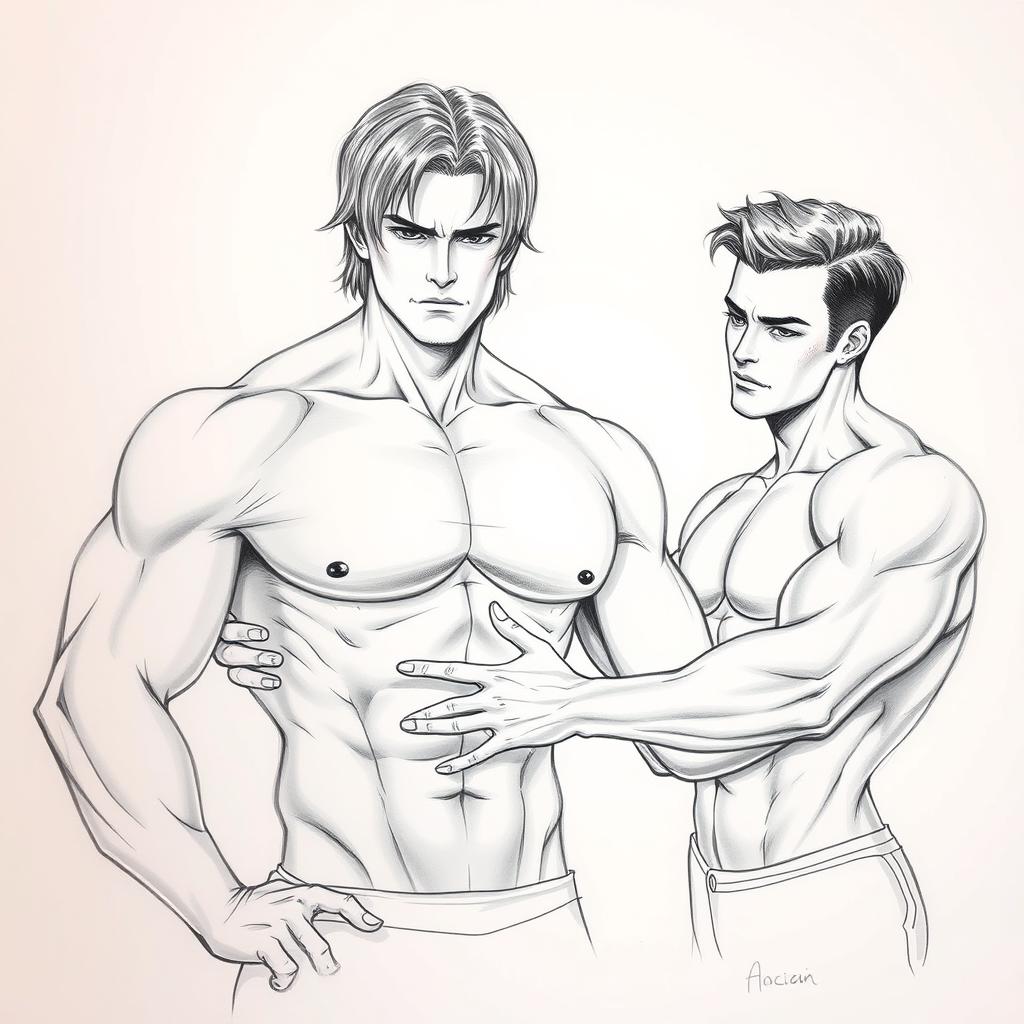 a realistic drawing of a muscular, attractive man with shoulder-length hair, shirtless, and another man with his hand on the first man's stomach