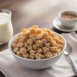 A bowl filled with crunchy protein puff cereal, splashed with fresh milk, on a breakfast table with a spoon and a napkin next to it, in morning sunlight.