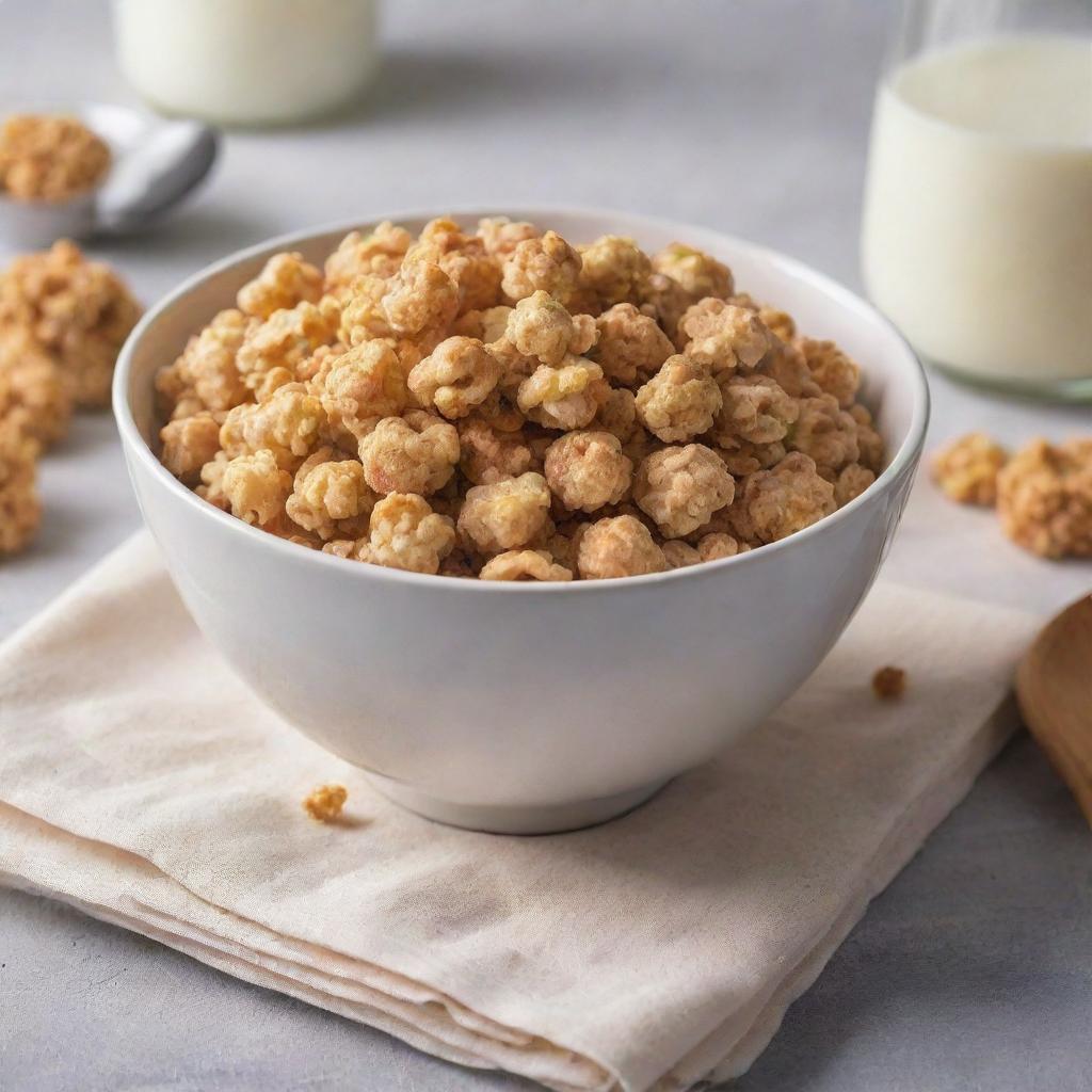 A bowl filled with crunchy protein puff cereal, splashed with fresh milk, on a breakfast table with a spoon and a napkin next to it, in morning sunlight.