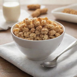 A bowl filled with crunchy protein puff cereal, splashed with fresh milk, on a breakfast table with a spoon and a napkin next to it, in morning sunlight.