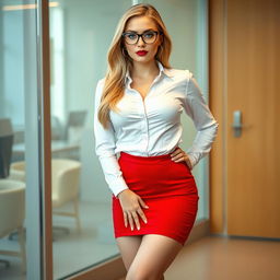 An 18-year-old Czech female secretary exuding a seductive and confident presence, exhibiting beautiful curves, an impressive bubble butt, and giant firm breasts