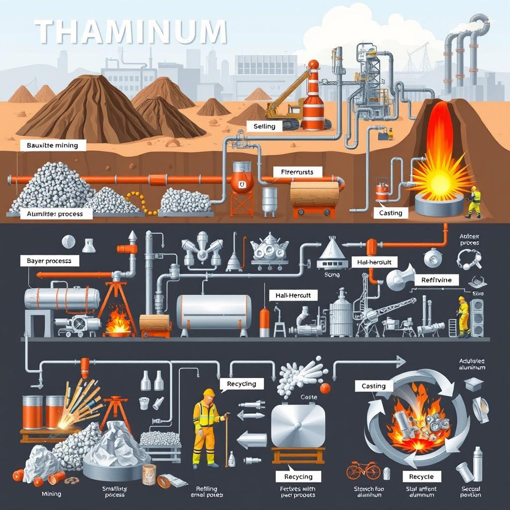 A detailed illustration showing the aluminum production process, depicting every stage from bauxite mining to refining, smelting, casting, and recycling