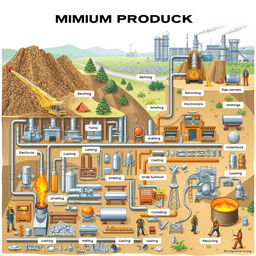 A detailed illustration showing the aluminum production process, depicting every stage from bauxite mining to refining, smelting, casting, and recycling