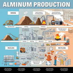 A detailed illustration showing the aluminum production process, depicting every stage from bauxite mining to refining, smelting, casting, and recycling