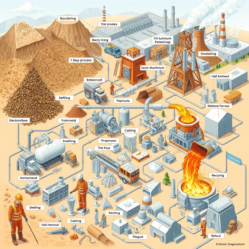 A detailed illustration showing the aluminum production process, depicting every stage from bauxite mining to refining, smelting, casting, and recycling