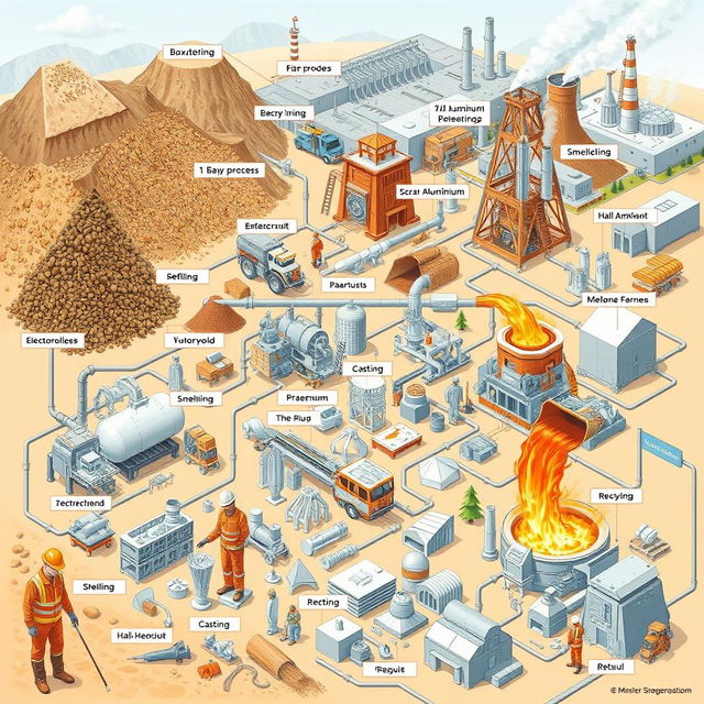 A detailed illustration showing the aluminum production process, depicting every stage from bauxite mining to refining, smelting, casting, and recycling