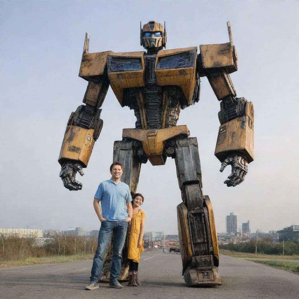 A friendly, towering Transformer in its humanoid form standing side by side with a smiling human, there is a sense of unity and friendship between them.