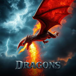 A fire-breathing dragon soaring through the skies against a dramatic, stormy backdrop for a captivating movie poster