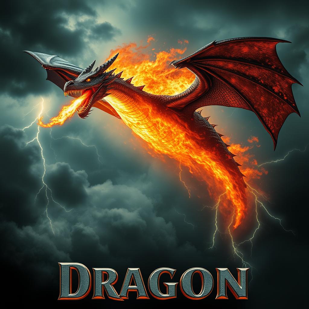 A fire-breathing dragon soaring through the skies against a dramatic, stormy backdrop for a captivating movie poster