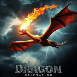 A fire-breathing dragon soaring through the skies against a dramatic, stormy backdrop for a captivating movie poster