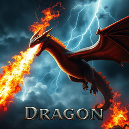 A fire-breathing dragon soaring through the skies against a dramatic, stormy backdrop for a captivating movie poster