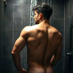 A sensual man taking a shower, water glistening off his muscular body