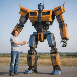 A friendly, towering Transformer in its humanoid form standing side by side with a smiling human, there is a sense of unity and friendship between them.