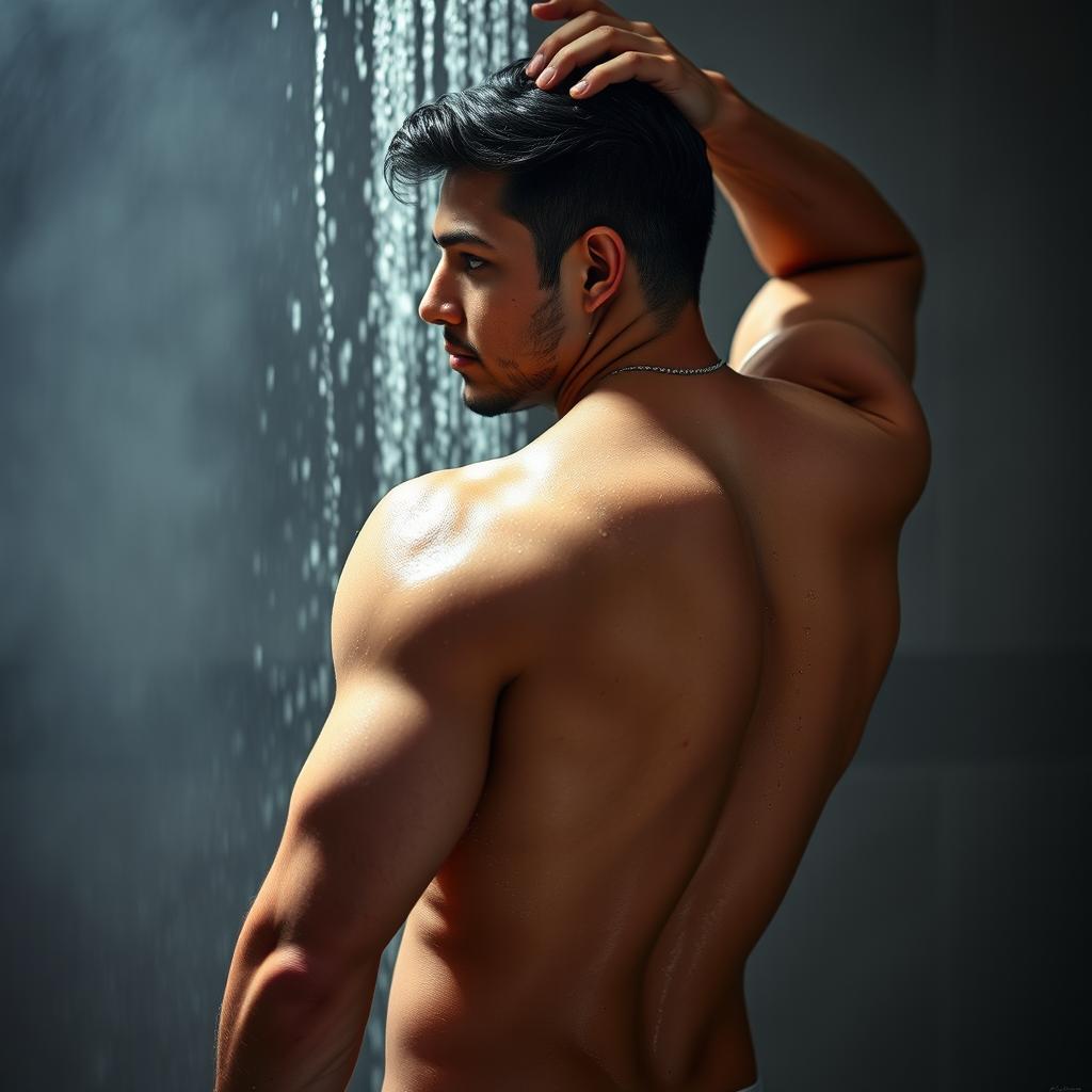 A sensual man taking a shower, water glistening off his muscular body