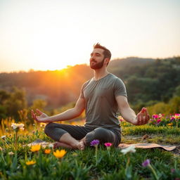 a man sitting in a meditative yoga pose, peacefully in nature with a slight breeze blowing, focusing on his inner self with a serene expression surrounded by a beautiful landscape of lush greenery and colorful flowers, the sun gently setting in the background casting warm golden hues