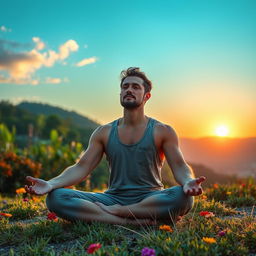 a man sitting in a meditative yoga pose, peacefully in nature with a slight breeze blowing, focusing on his inner self with a serene expression surrounded by a beautiful landscape of lush greenery and colorful flowers, the sun gently setting in the background casting warm golden hues