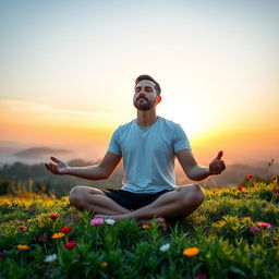 a man sitting in a meditative yoga pose, peacefully in nature with a slight breeze blowing, focusing on his inner self with a serene expression surrounded by a beautiful landscape of lush greenery and colorful flowers, the sun gently setting in the background casting warm golden hues