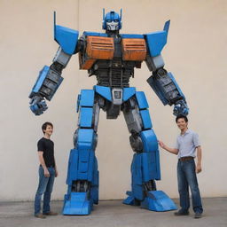 A friendly, towering Transformer in its humanoid form standing side by side with a smiling human, there is a sense of unity and friendship between them.