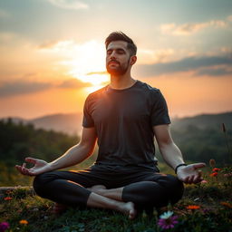 a man sitting in a meditative yoga pose, peacefully in nature with a slight breeze blowing, focusing on his inner self with a serene expression surrounded by a beautiful landscape of lush greenery and colorful flowers, the sun gently setting in the background casting warm golden hues