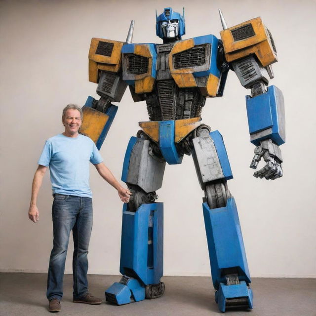 A friendly, towering Transformer in its humanoid form standing side by side with a smiling human, there is a sense of unity and friendship between them.