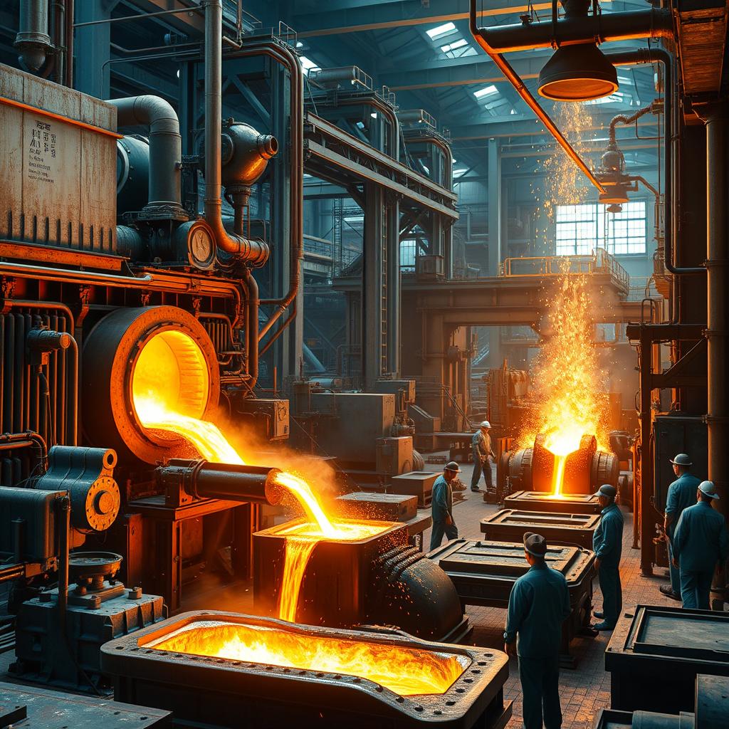 A detailed industrial scene capturing the process of aluminum production