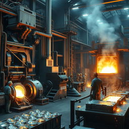 A detailed industrial scene capturing the process of aluminum production