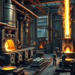 A detailed industrial scene capturing the process of aluminum production