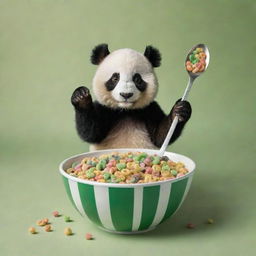 An inviting image of a charming panda at the front reaching out with a spoon to a large bowl filled with green, striped cereal loops mimicking bamboo. Perfect for an attractive cereal box cover.