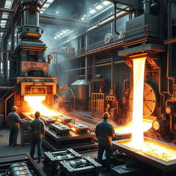 A detailed industrial scene capturing the process of aluminum production