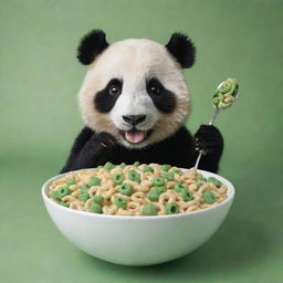 An inviting image of a charming panda at the front reaching out with a spoon to a large bowl filled with green, striped cereal loops mimicking bamboo. Perfect for an attractive cereal box cover.