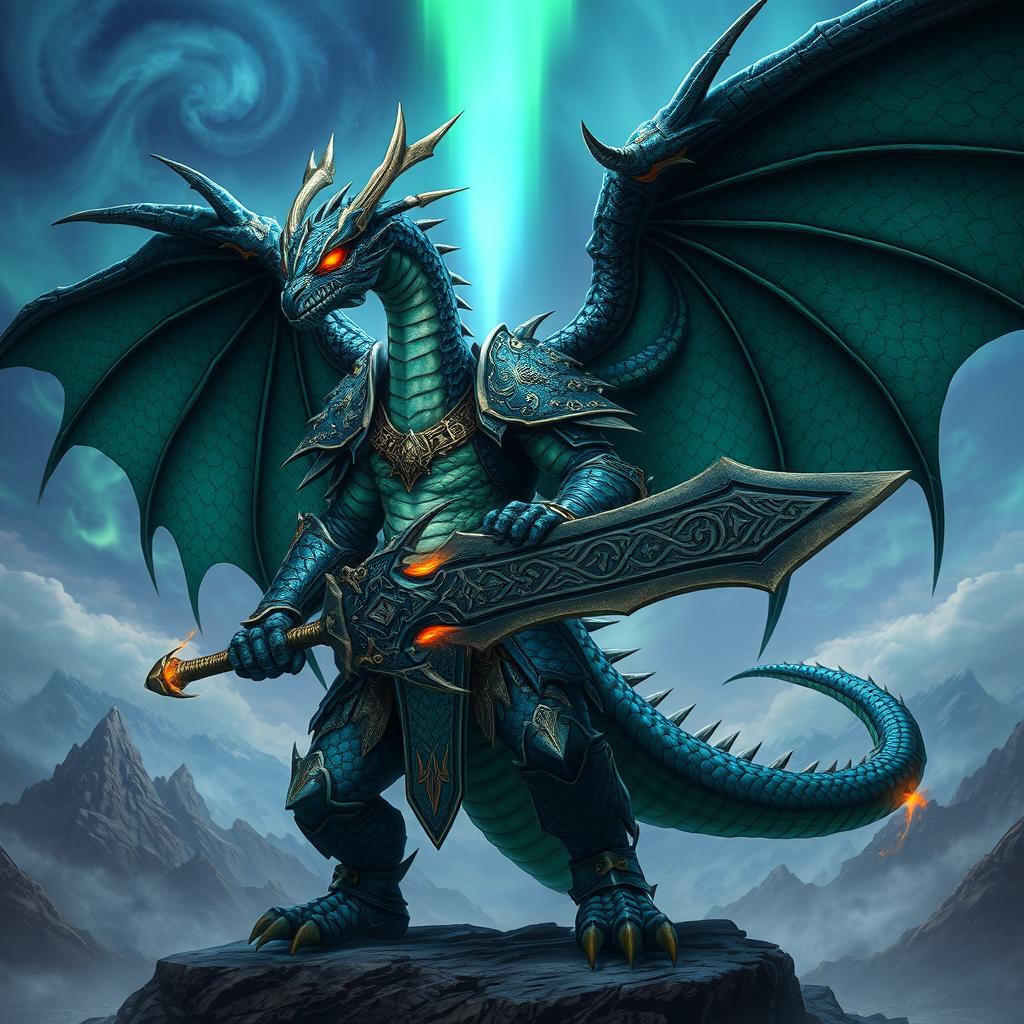 A fearsome draconic warrior, with scales shimmering in shades of emerald green and deep midnight blue