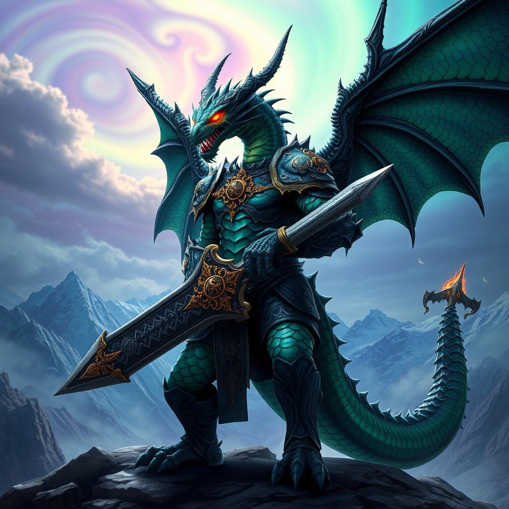 A fearsome draconic warrior, with scales shimmering in shades of emerald green and deep midnight blue