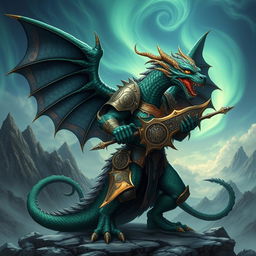 A fearsome draconic warrior, with scales shimmering in shades of emerald green and deep midnight blue