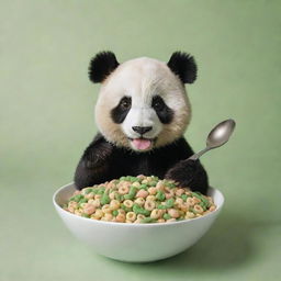 An inviting image of a charming panda at the front reaching out with a spoon to a large bowl filled with green, striped cereal loops mimicking bamboo. Perfect for an attractive cereal box cover.