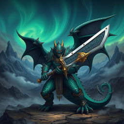 A fearsome draconic warrior, with scales shimmering in shades of emerald green and deep midnight blue