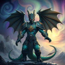 A fearsome draconic warrior clad in ornate armor, with scales shimmering in shades of emerald green and deep midnight blue