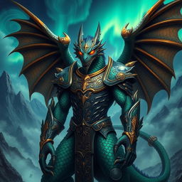 A fearsome draconic warrior clad in ornate armor, with scales shimmering in shades of emerald green and deep midnight blue