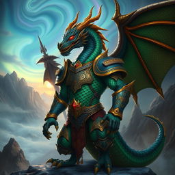 A fearsome draconic warrior clad in ornate armor, with scales shimmering in shades of emerald green and deep midnight blue