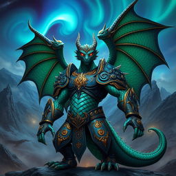 A fearsome draconic warrior clad in ornate armor, with scales shimmering in shades of emerald green and deep midnight blue