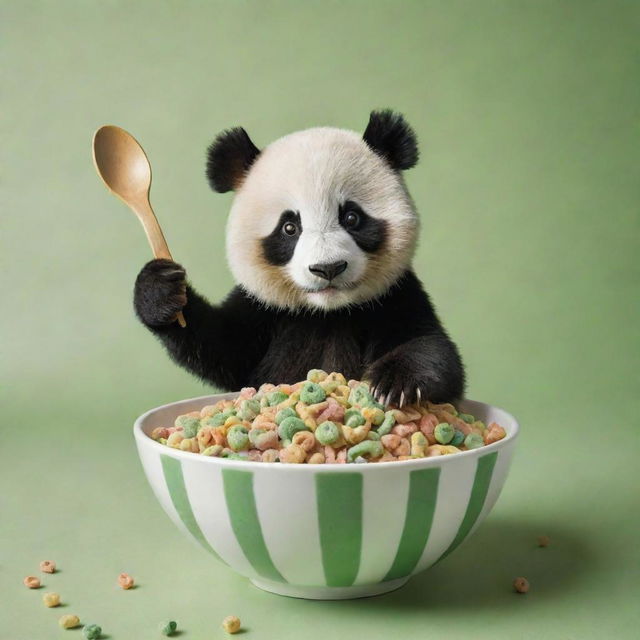 An inviting image of a charming panda at the front reaching out with a spoon to a large bowl filled with green, striped cereal loops mimicking bamboo. Perfect for an attractive cereal box cover.