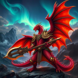 A fearsome draconic warrior, with scales shimmering in vibrant shades of red and deep crimson