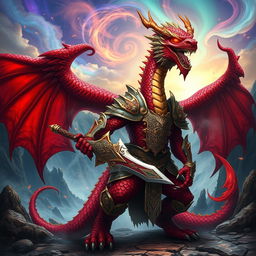 A fearsome draconic warrior, with scales shimmering in vibrant shades of red and deep crimson