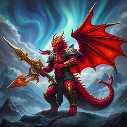 A fearsome draconic warrior, with scales shimmering in vibrant shades of red and deep crimson