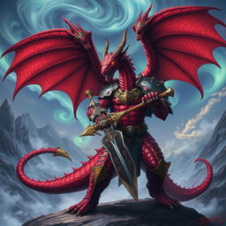 A fearsome draconic warrior, with scales shimmering in vibrant shades of red and deep crimson