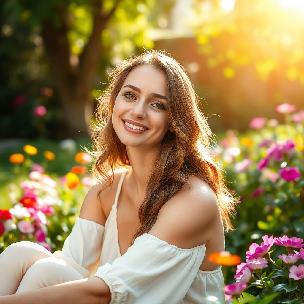 A beautiful woman seated in a lush, serene garden, exuding peace and tranquility