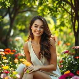 A beautiful woman seated in a lush, serene garden, exuding peace and tranquility