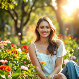 A beautiful woman seated in a lush, serene garden, exuding peace and tranquility