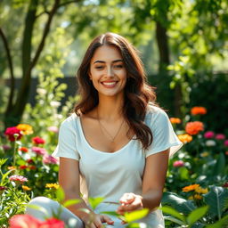 A beautiful woman seated in a lush, serene garden, exuding peace and tranquility